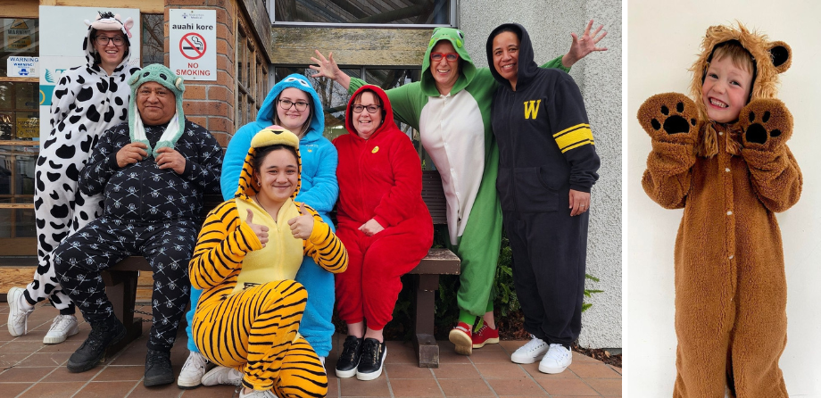 2 photos of people in onesies