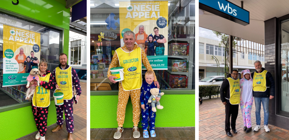 3 photos of people in onesies