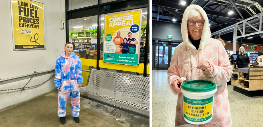 2 photos of people in onesies