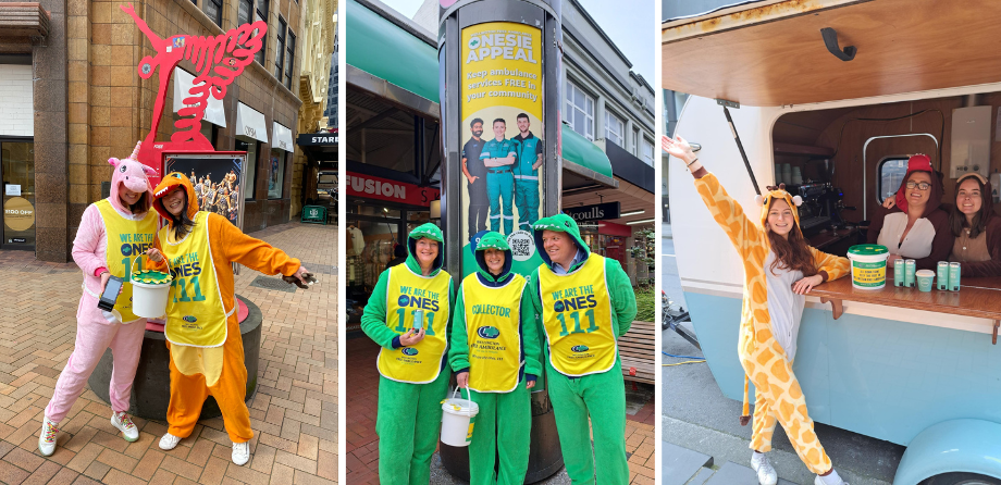 3 photos of people in onesies